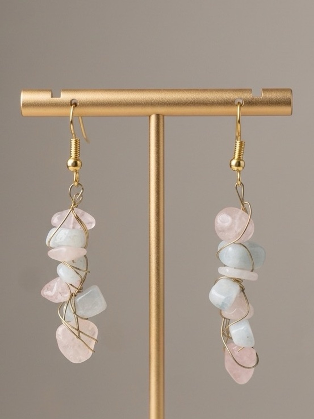 Exquisite Gold Wire-Wrapped Pink & Light Blue Stone Dangle Earrings